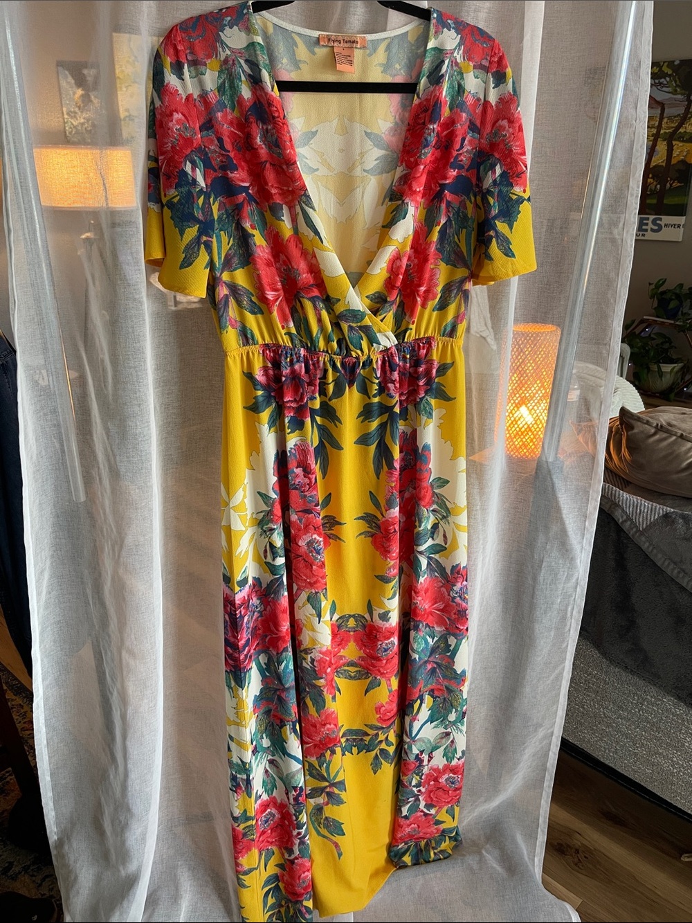 Flying Tomato Floral Maxi Dress - Yellow with Red Bloom Large